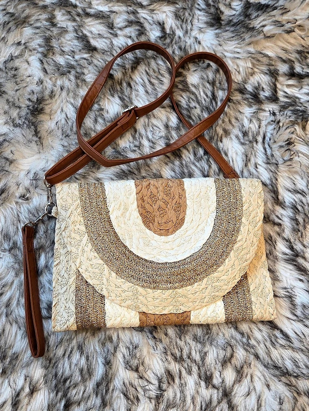 Striped Crossbody Bag in Beige & Brown